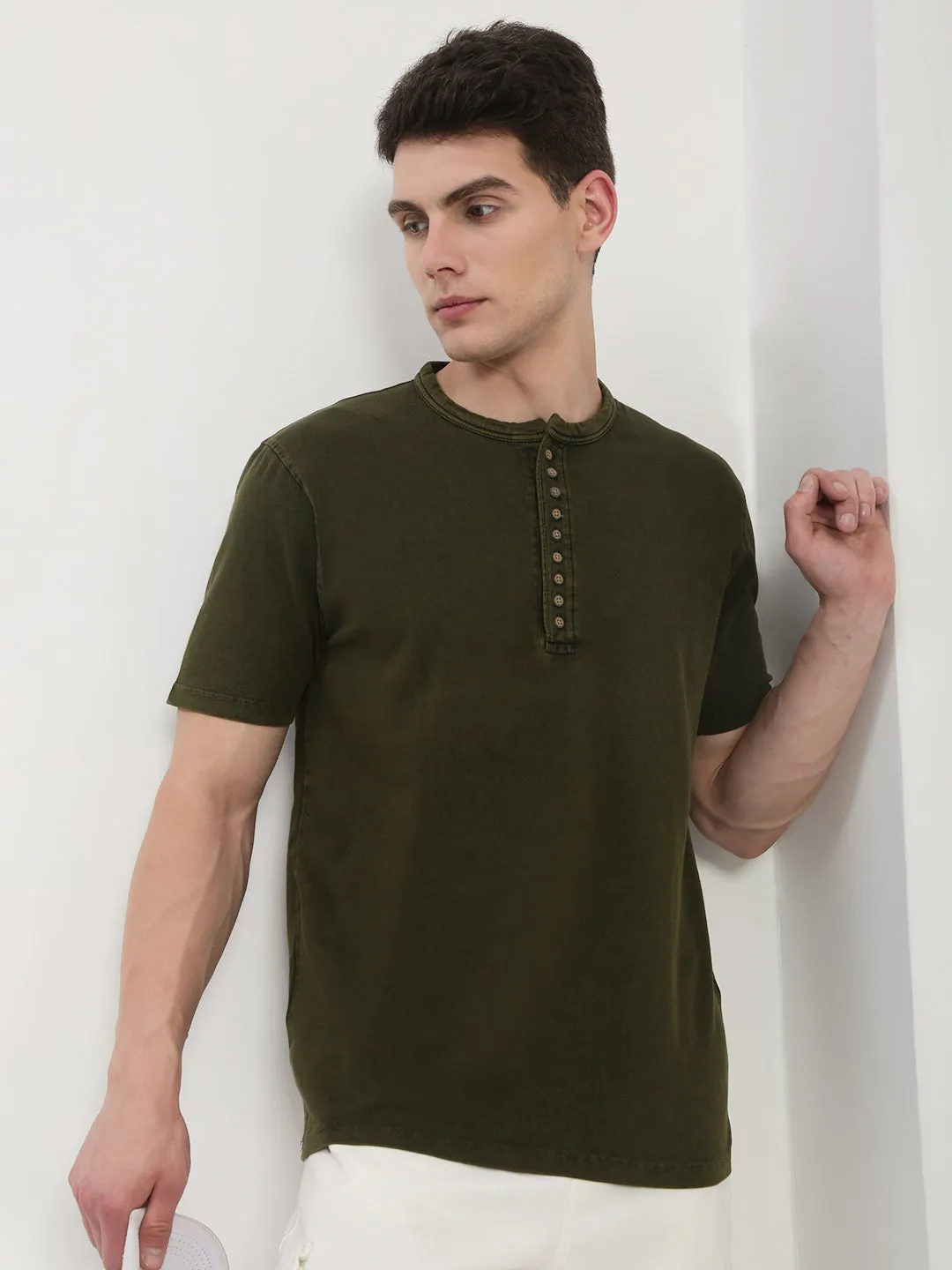 Essential Active Eco Friendly Men's Green Solid Henley Collar T-Shirt