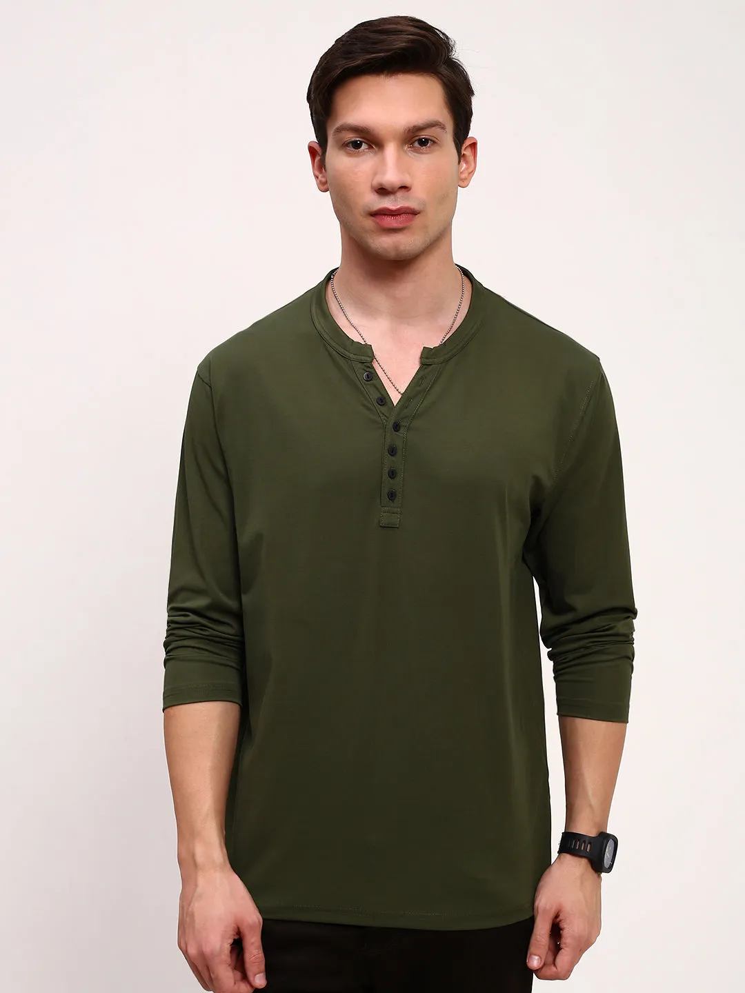 Casual Basics Men's Green Solid Henley Neck T-Shirt