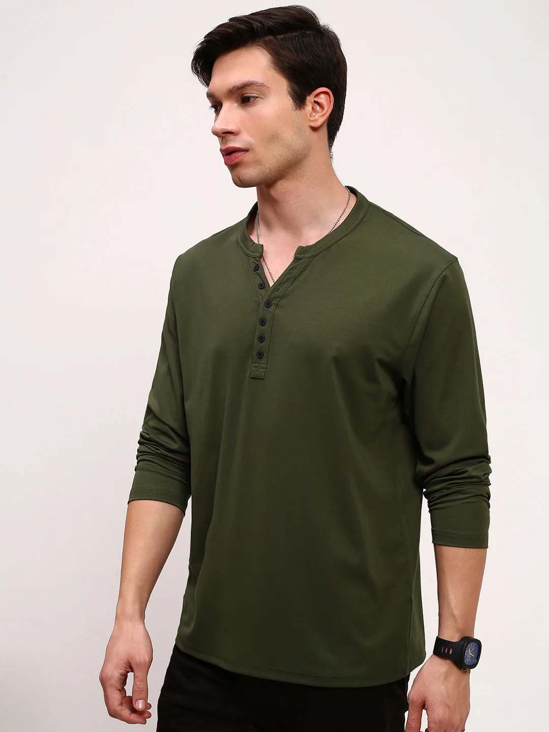 Men's Green Solid Henley Neck T-Shirt product dancing suitable rhythm Autumn Wear