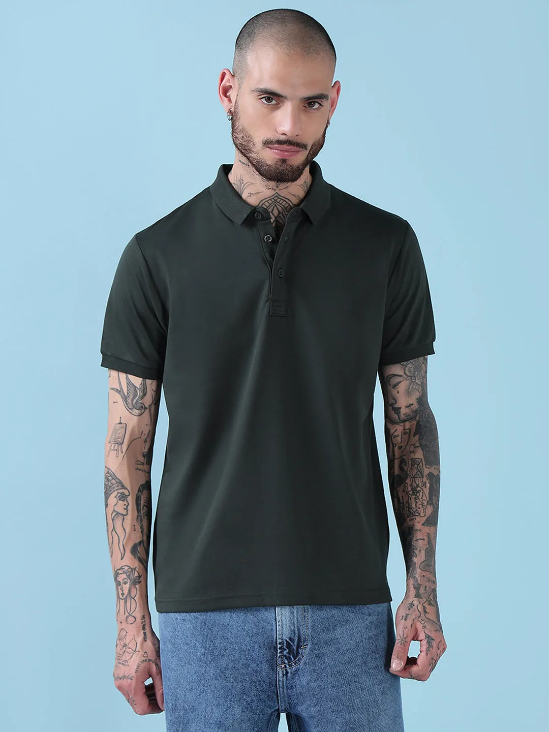 Warm Jacket Men's Green Solid Polo Collar Short Sleeves T-Shirt