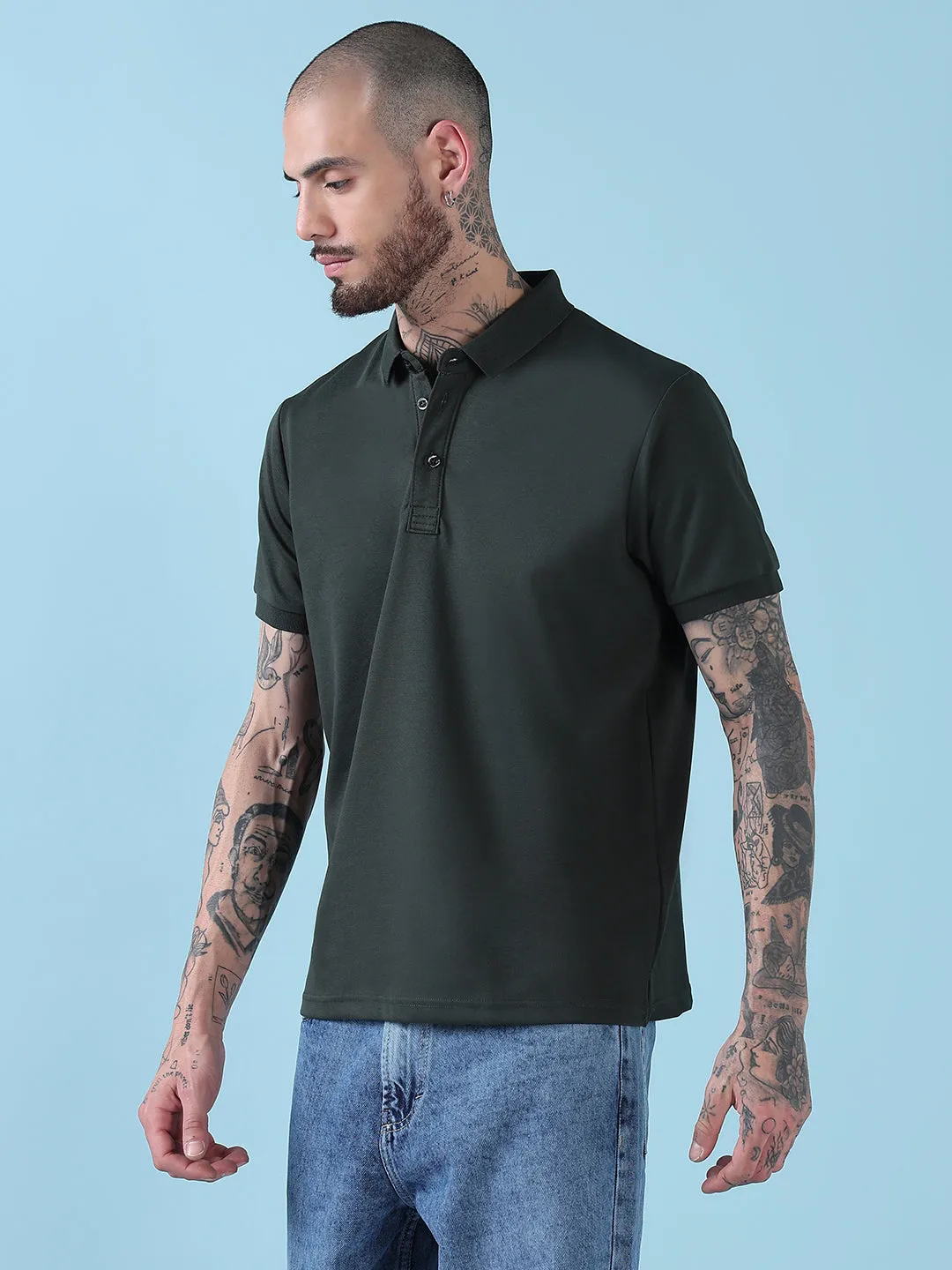 Men's Green Solid Polo Collar Short Sleeves T-Shirt Joyful Mood