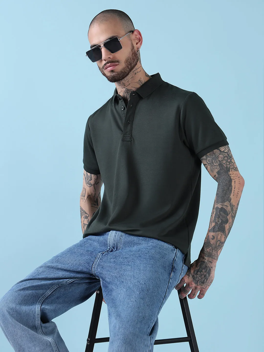 Men's Green Solid Polo Collar Short Sleeves T-Shirt Relaxed Wear