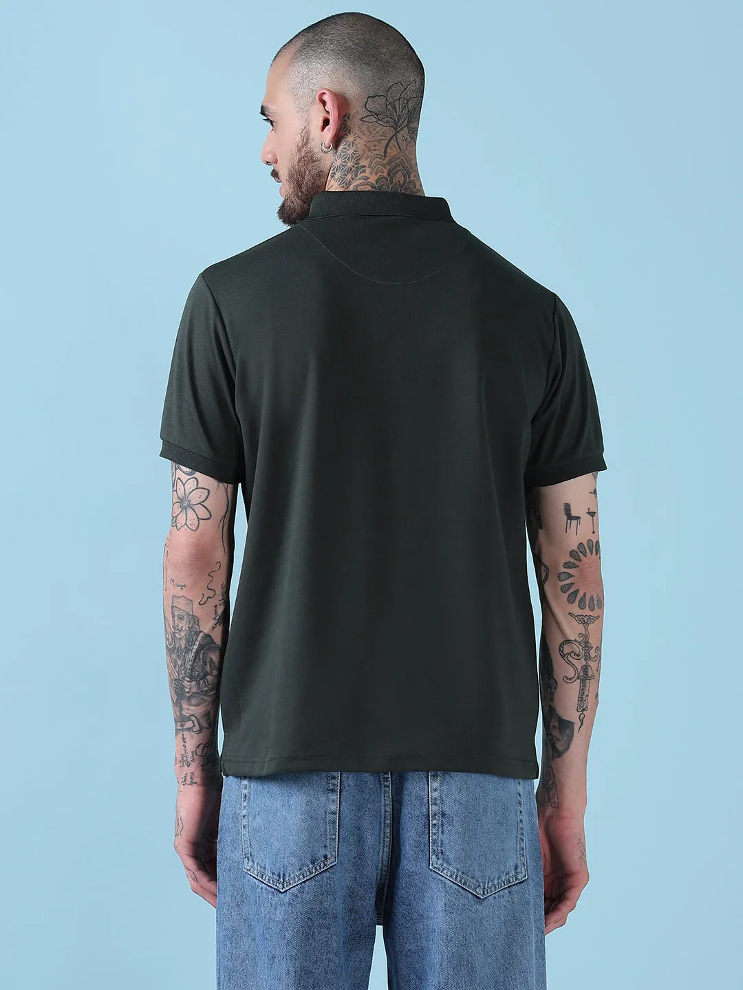 Family Style Men's Green Solid Polo Collar Short Sleeves T-Shirt