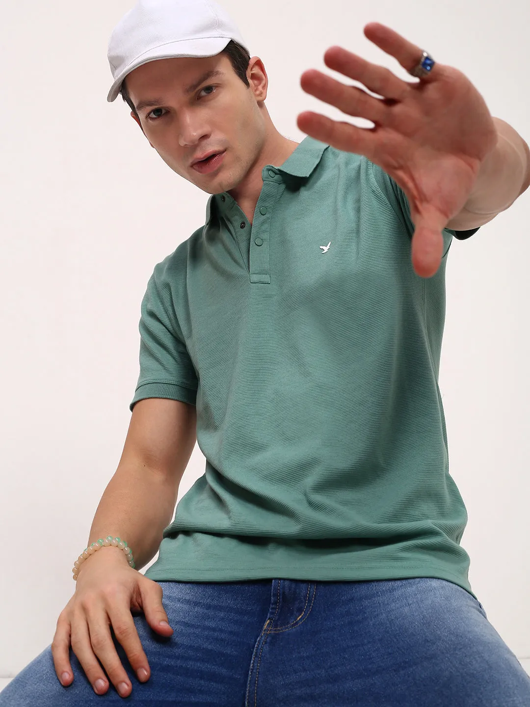 Men's Green Solid Polo Collar T-Shirt Adjustable Hood product ethnic authenticity