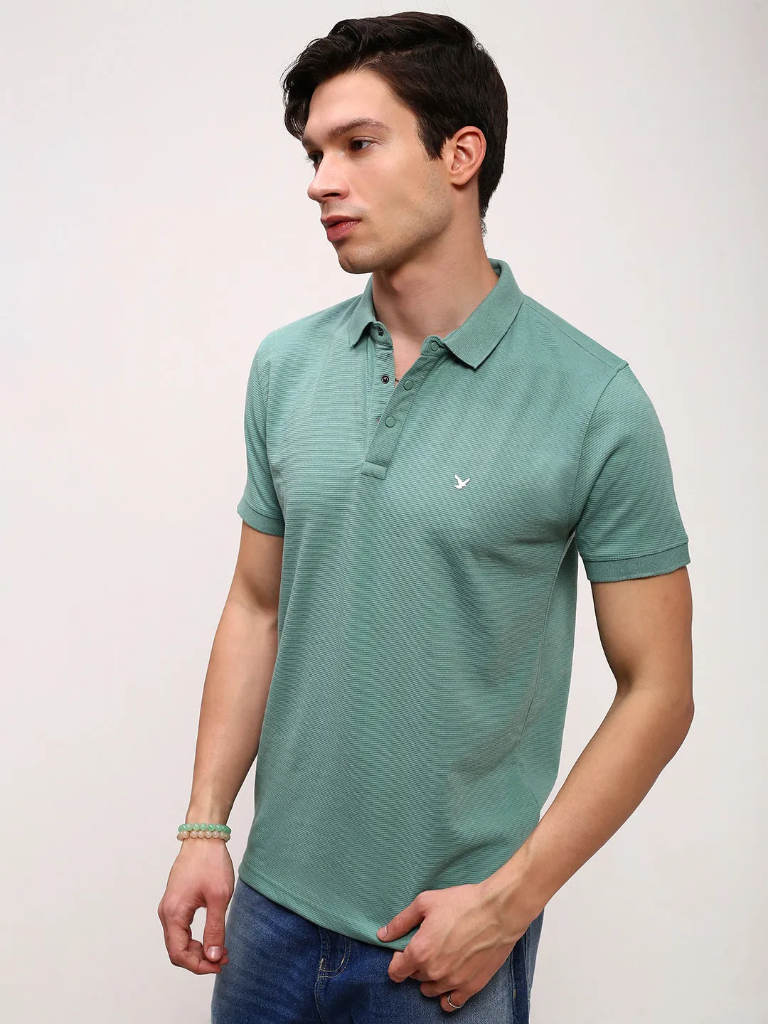 Cool Outfit product quilted lining comfort Men's Green Solid Polo Collar T-Shirt