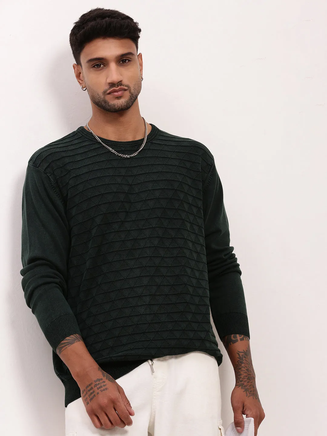 Stretch Waistband Design Men's Green Solid Pullover