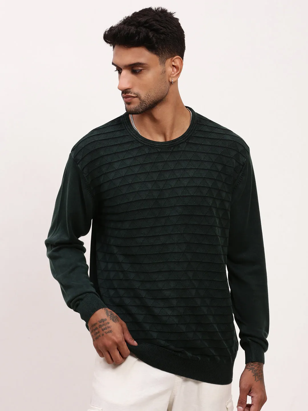 Men's Green Solid Pullover Knit Density Options Chic Casual Outfit