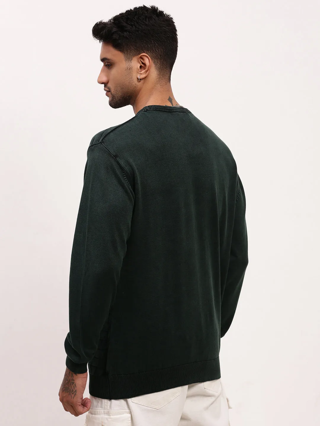 Men's Green Solid Pullover SweaterSpecific Detergent Guide Classic Casual