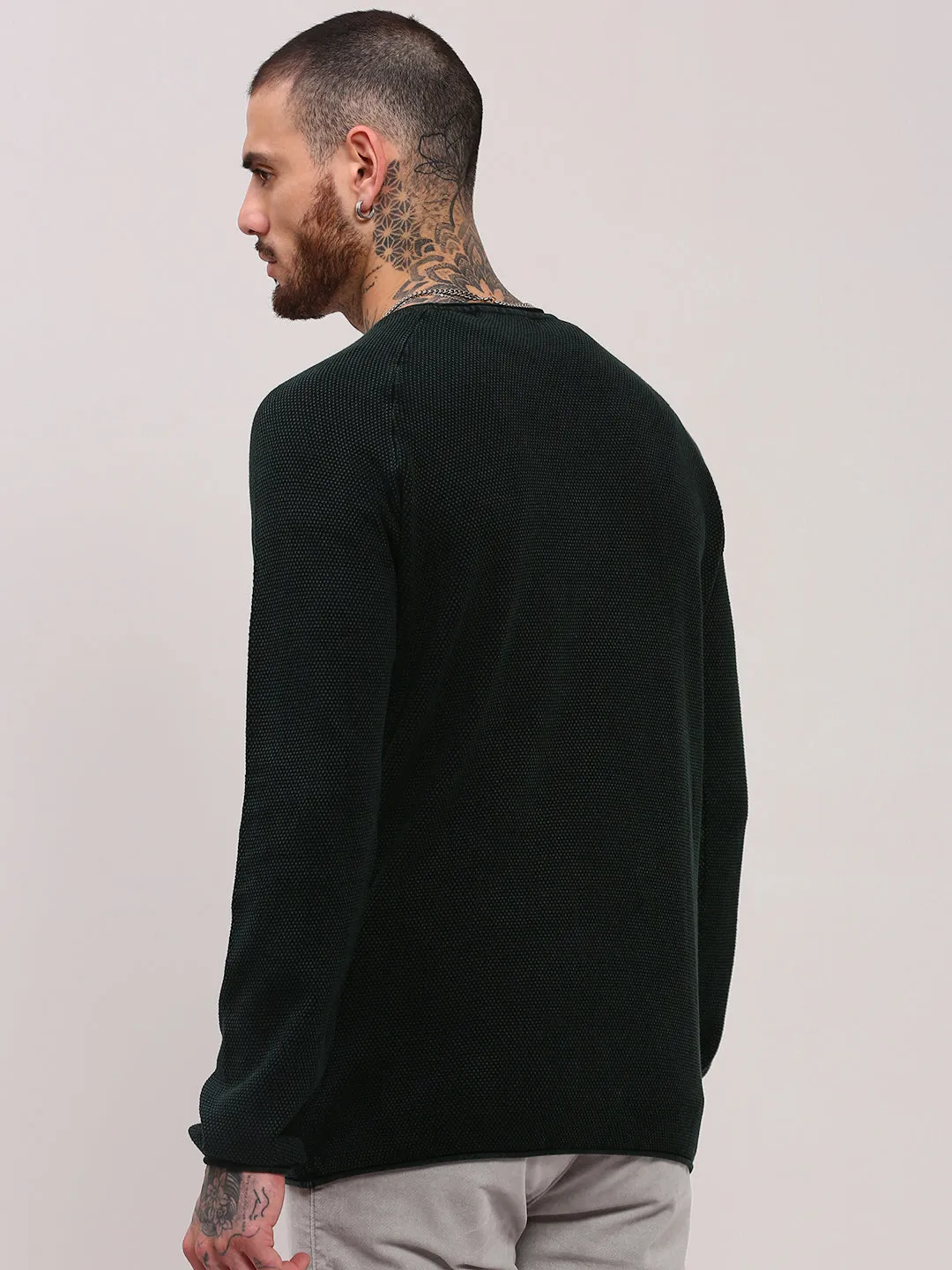 Men's Green Solid Sweater Layered Edging