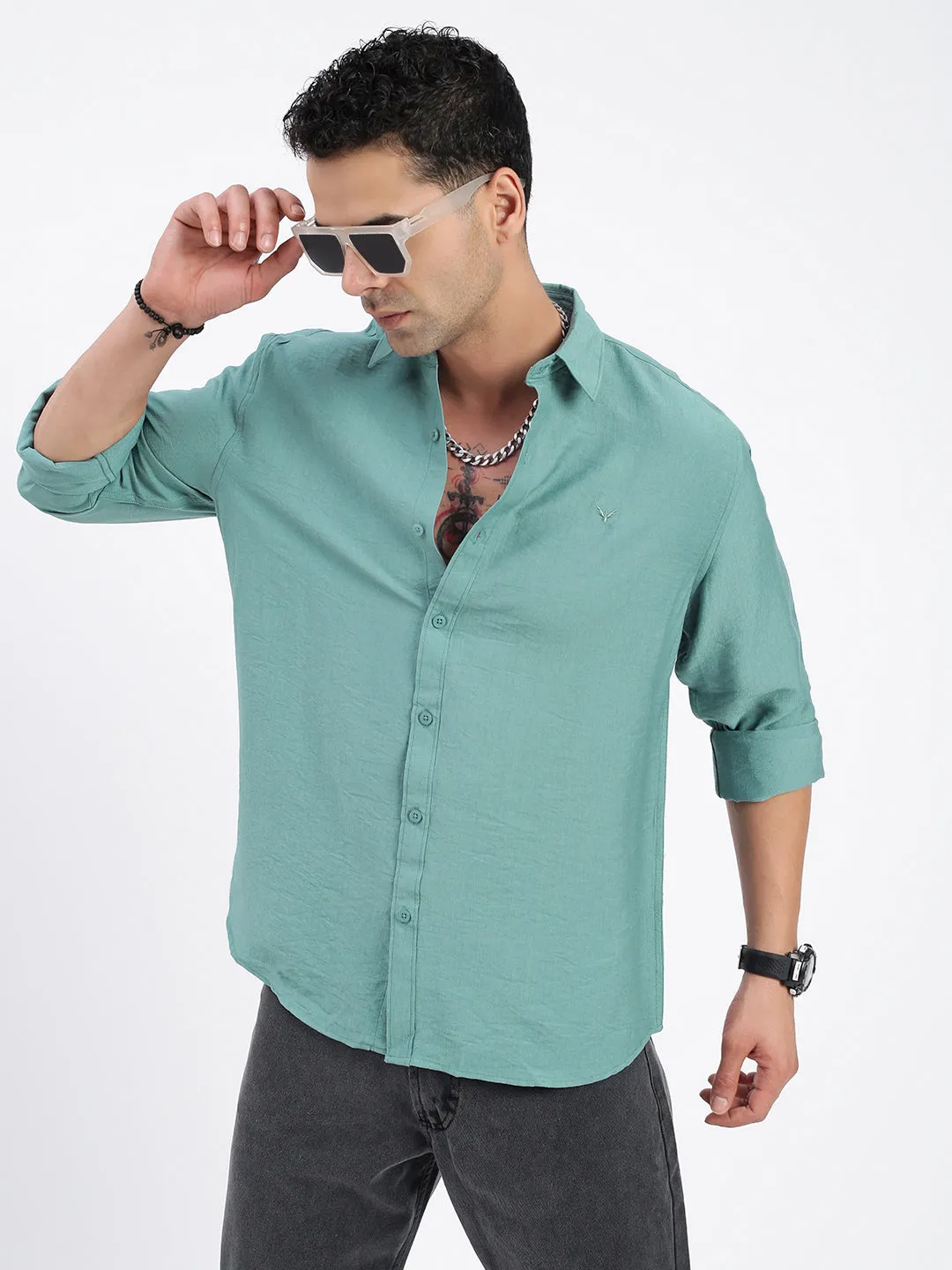 Men's Green Standard Spread Collar Solid Cotton Casual Shirt Flex Fit ButterSoftKnit