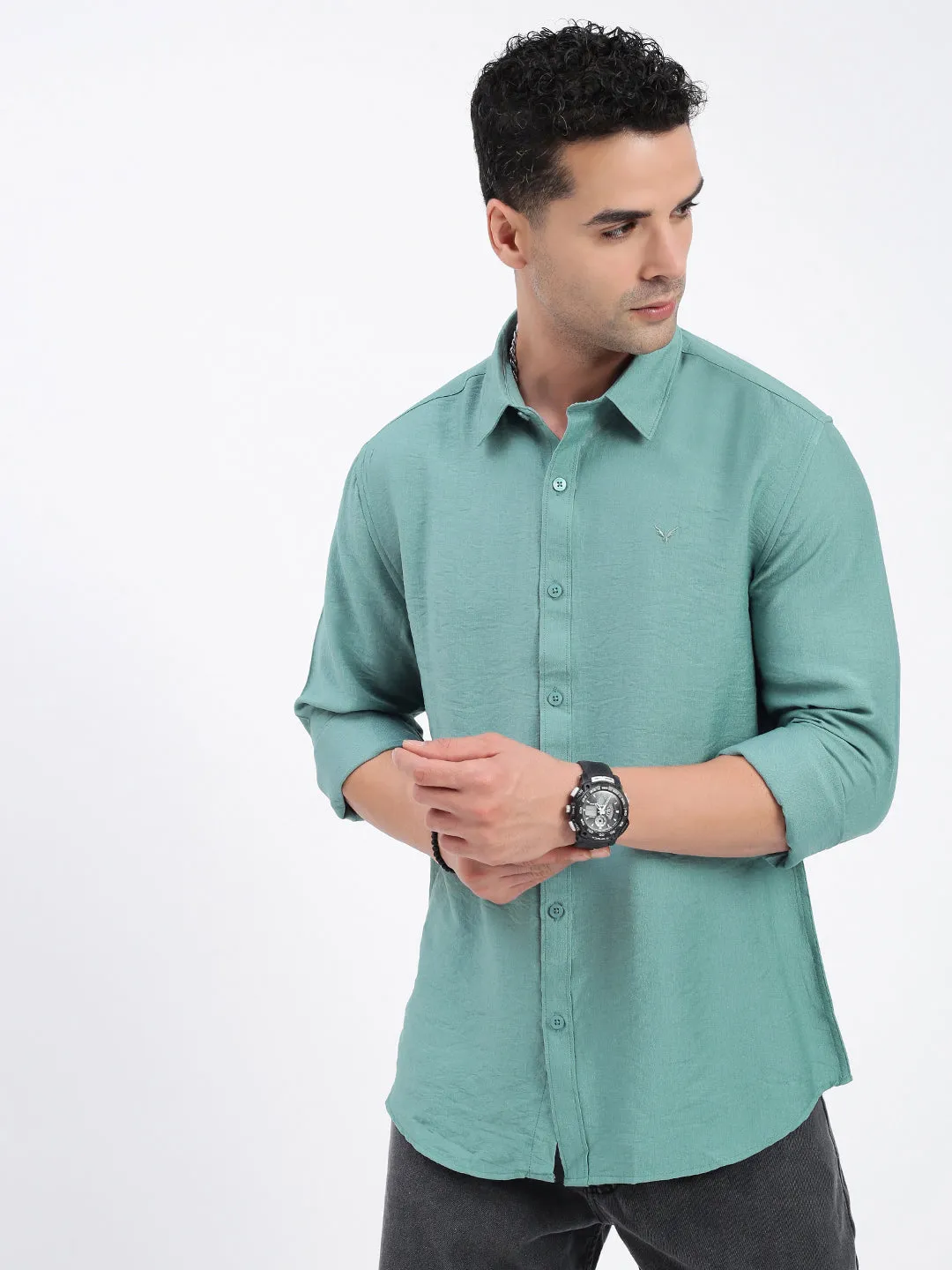 Adjustable Drawcord Cyber Core Men's Green Standard Spread Collar Solid Cotton Casual Shirt