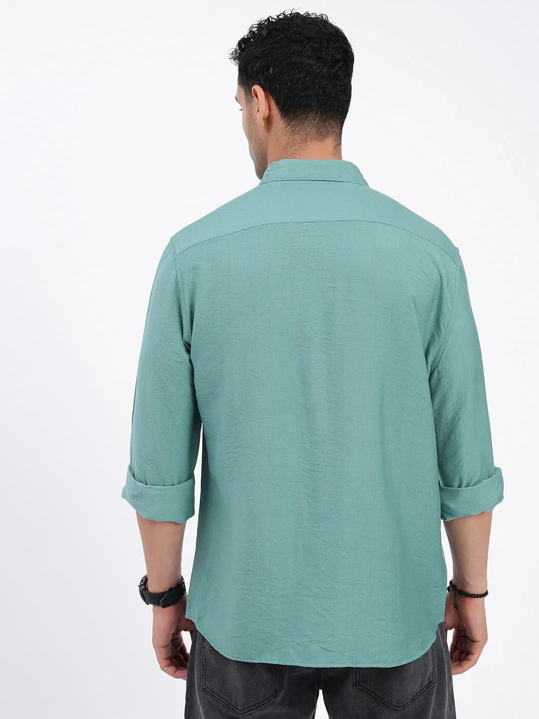 SoftTouchLining Men's Green Standard Spread Collar Solid Cotton Casual Shirt
