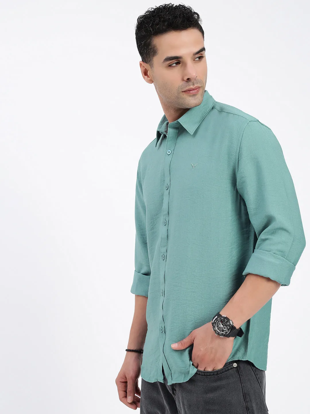 Men's Green Standard Spread Collar Solid Cotton Casual Shirt Active clothing SlipResistantHem