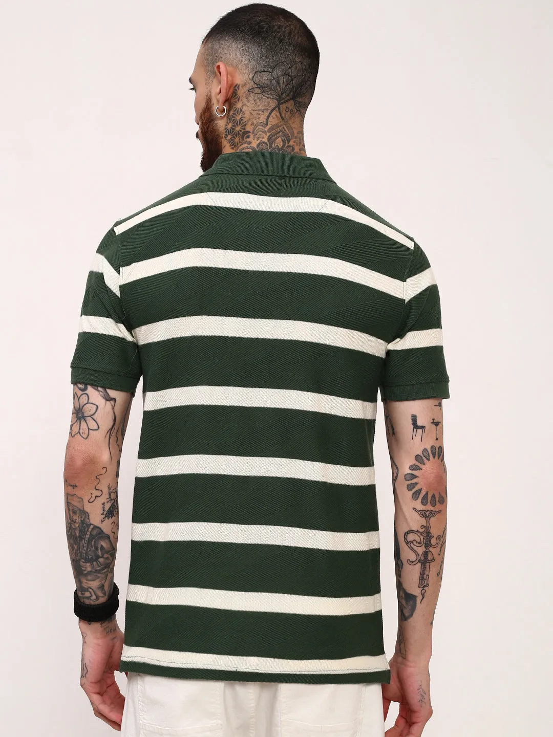 Men's Green Striped Polo Collar Slim Fit Cotton T-Shirt Fall