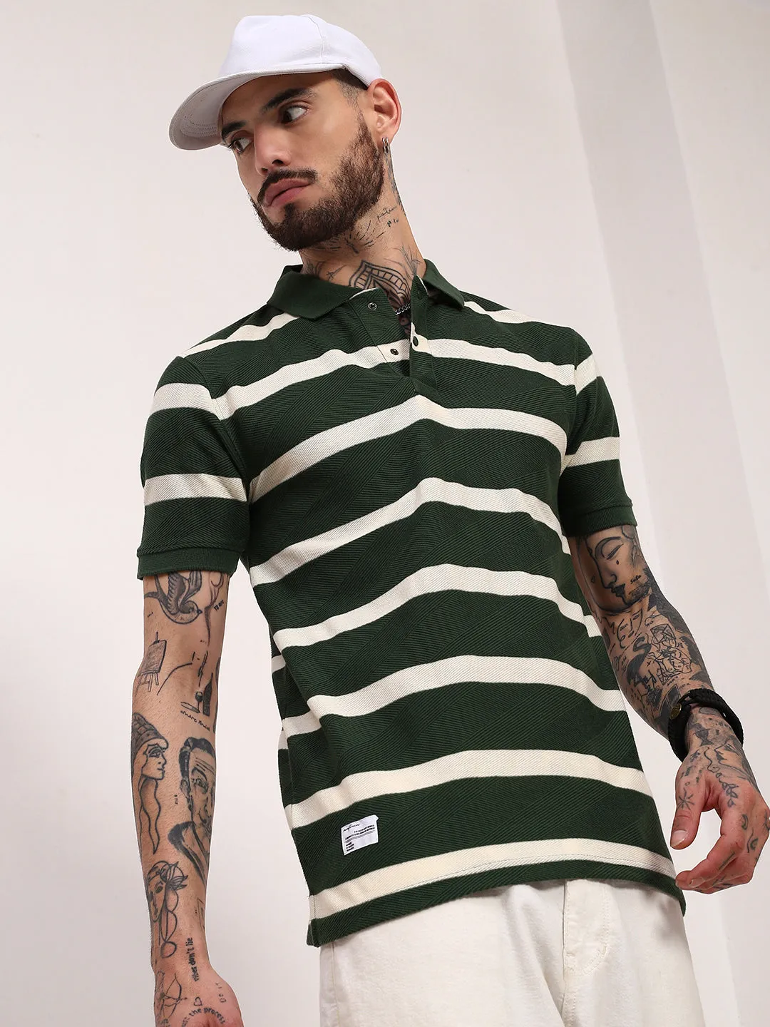 Men's Green Striped Polo Collar Slim Fit Cotton T-Shirt Core Comfort