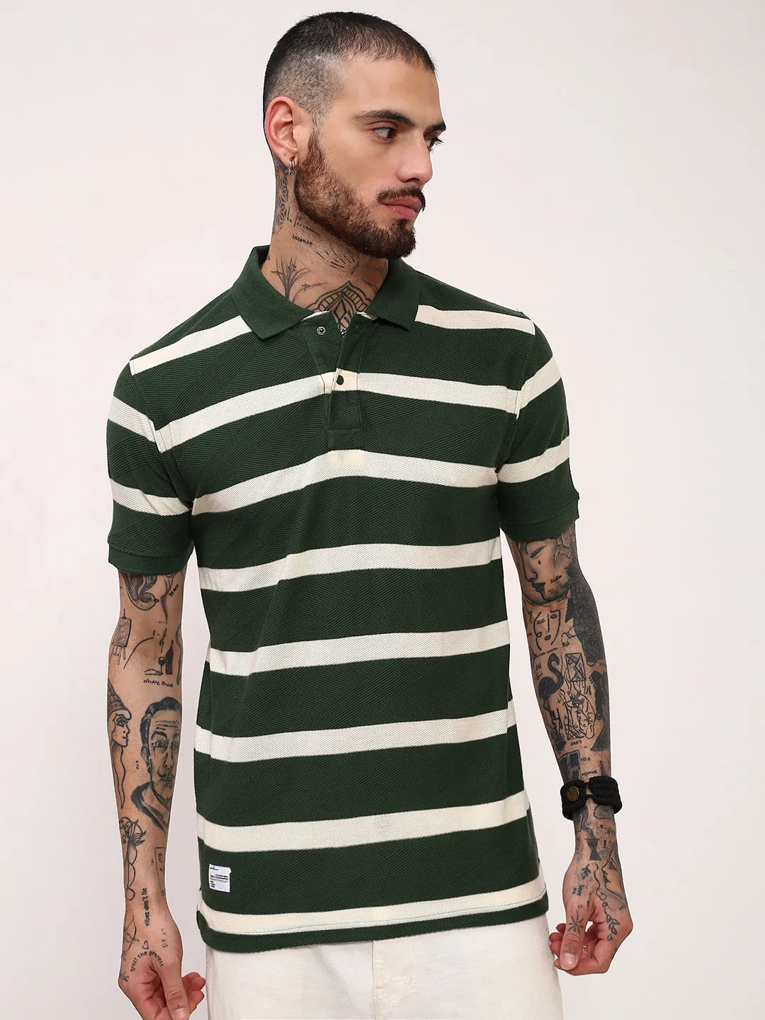 Breathable Men's Green Striped Polo Collar Slim Fit Cotton T-Shirt