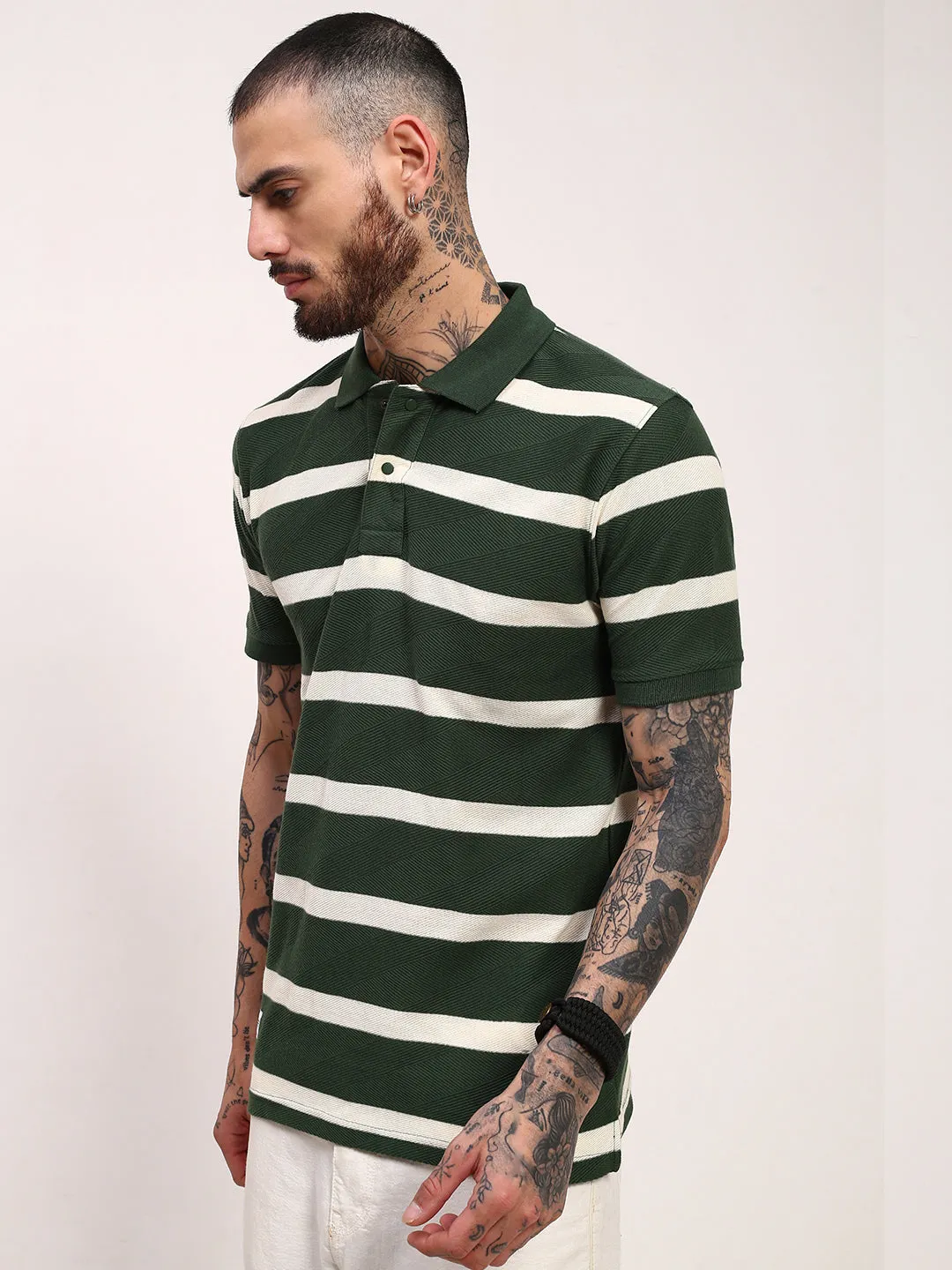 Men's Green Striped Polo Collar Slim Fit Cotton T-Shirt product ethical sourcing