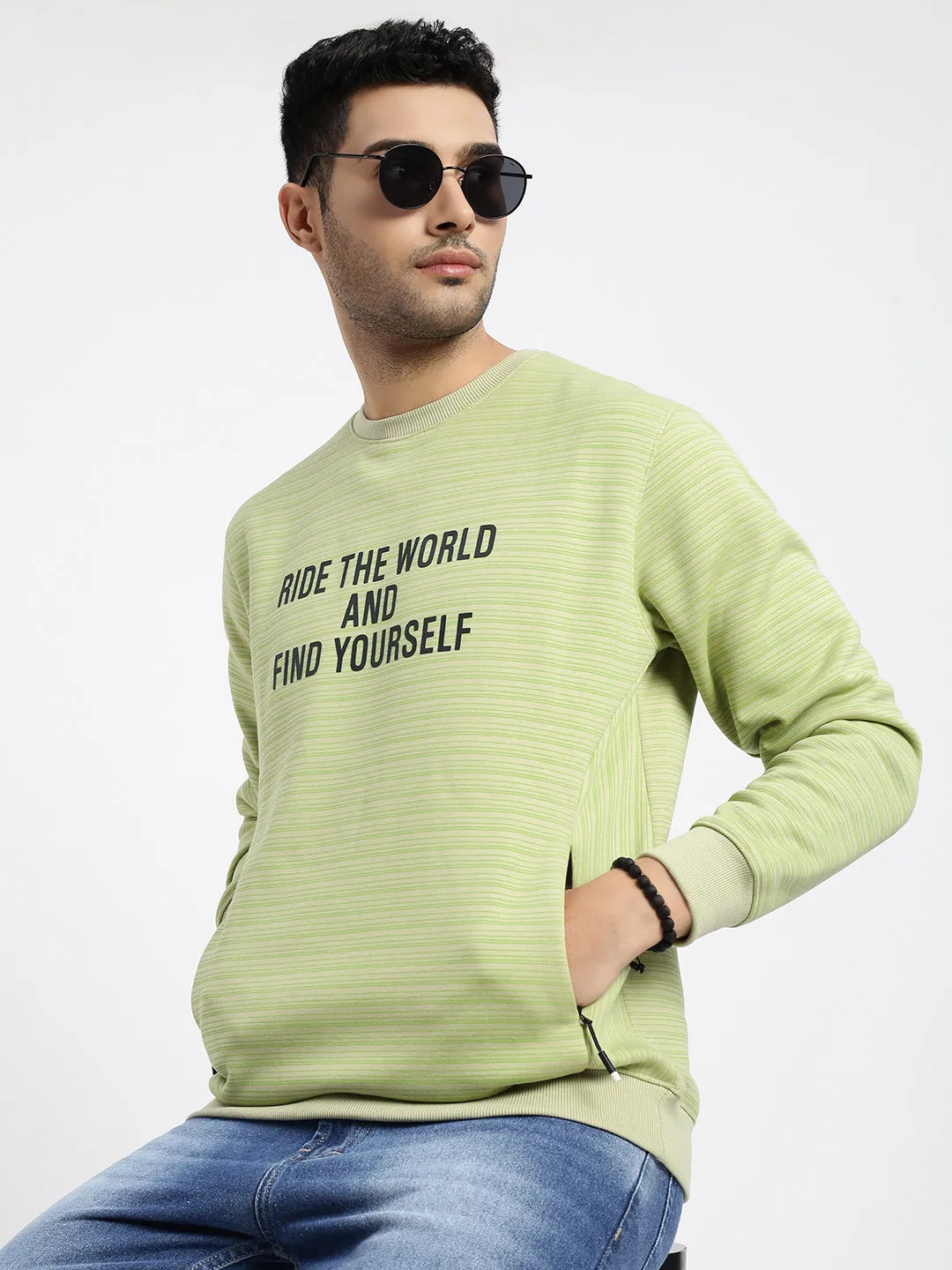 product customization Cozy Fit Men's Green Striped Round Neck Sweatshirt