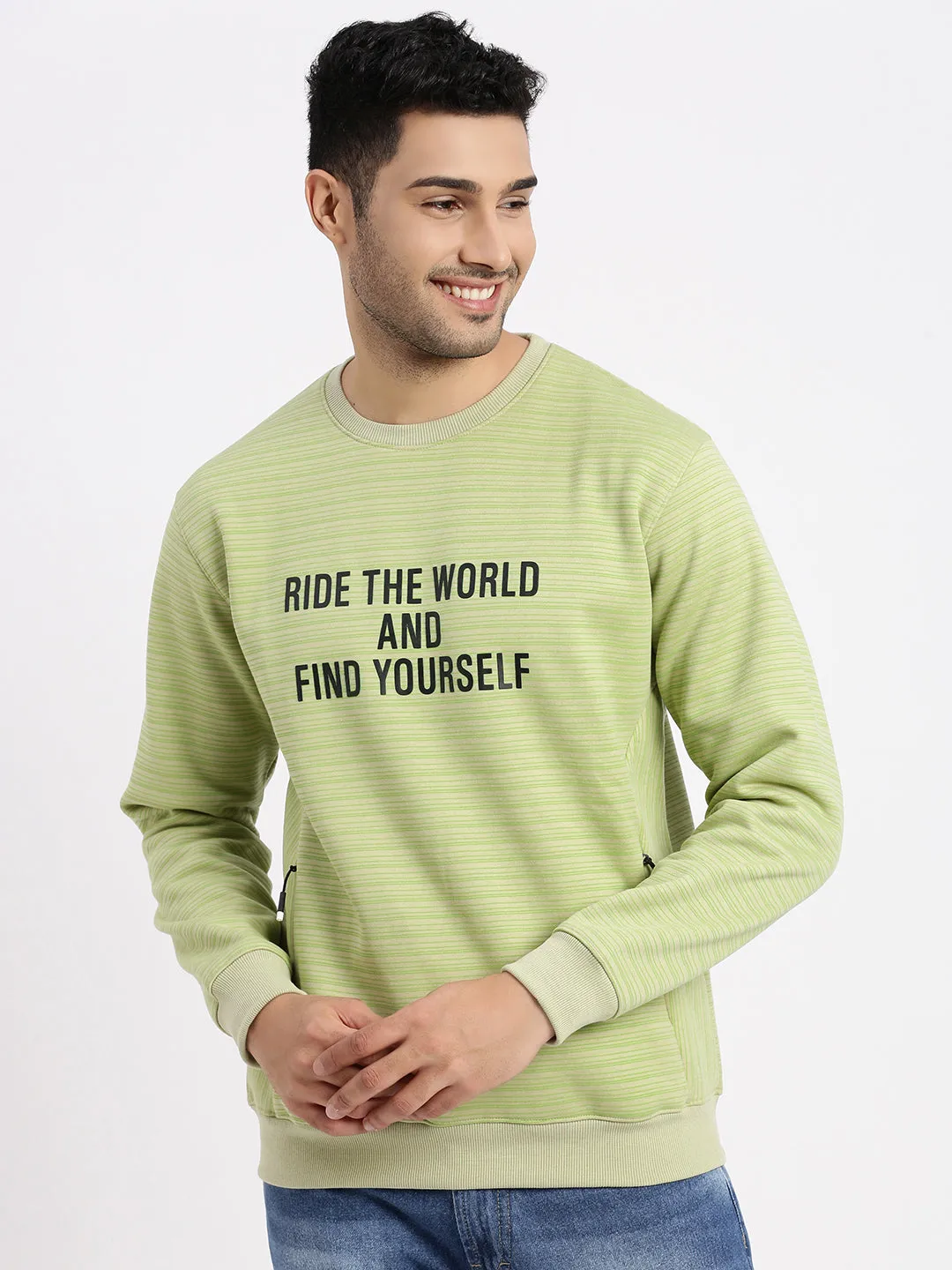 Men's Green Striped Round Neck Sweatshirt product handmade uniqueness Active Wearable