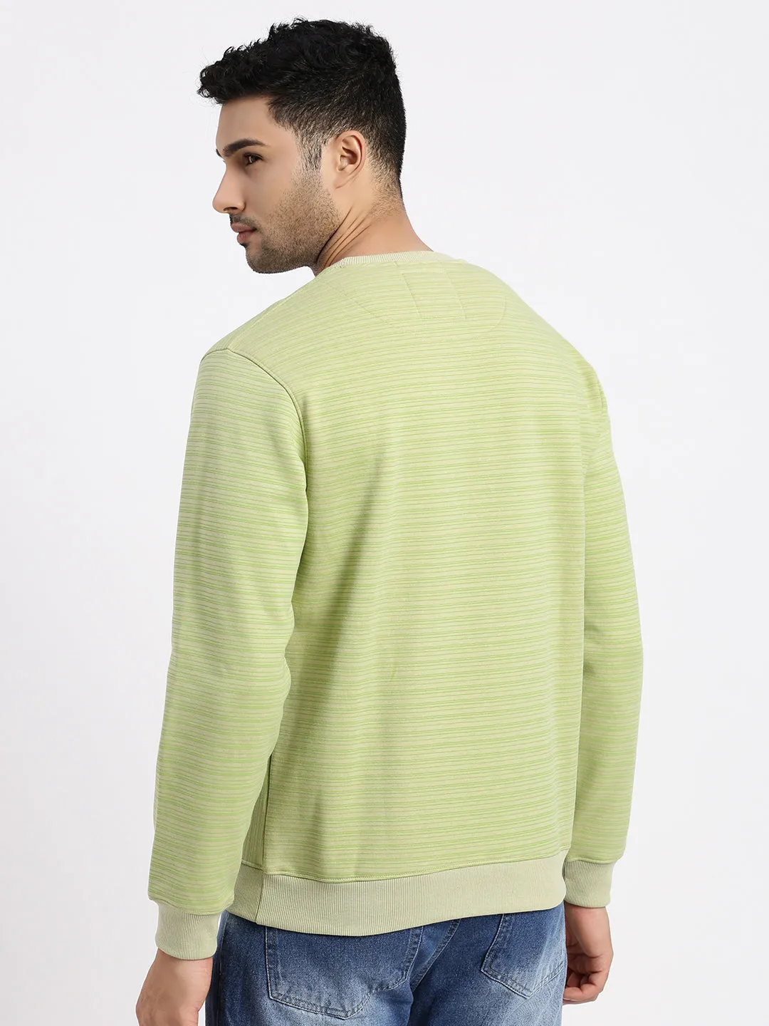 Smart Fashion Men's Green Striped Round Neck Sweatshirt