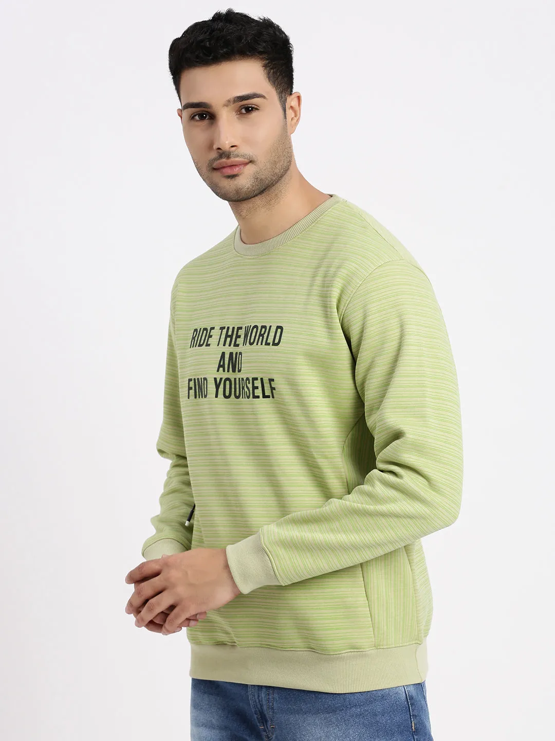Men's Green Striped Round Neck Sweatshirt product chambray casualness