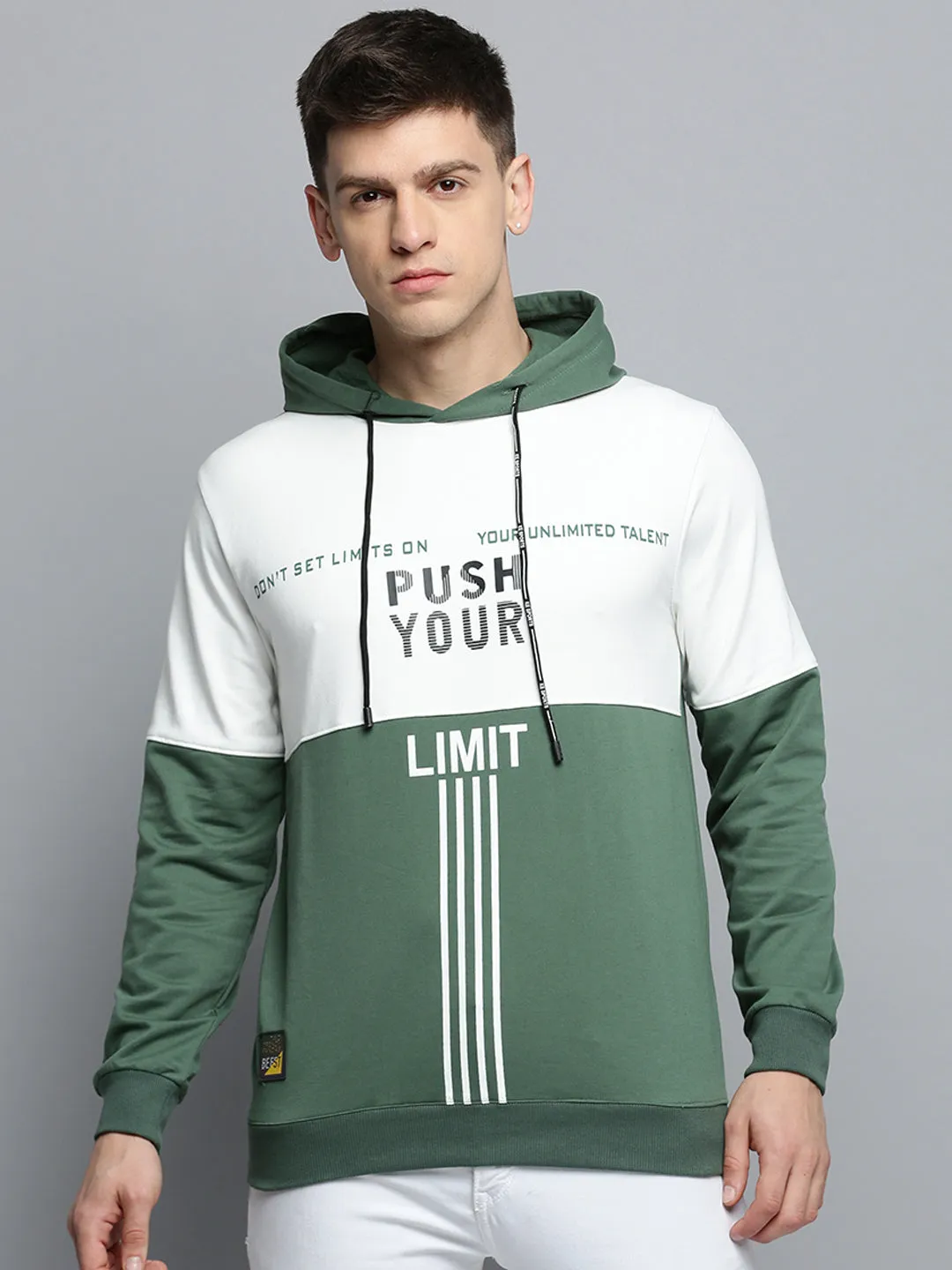Men's Green Typography Printed Hooded Cotton Sweatshirt Minimalist Style kids'