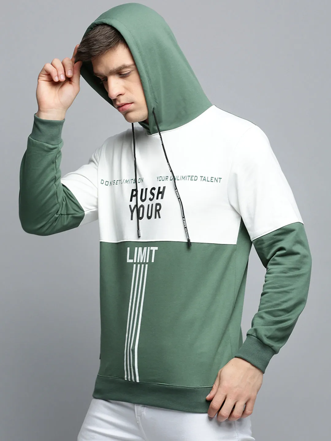 Men's Green Typography Printed Hooded Cotton Sweatshirt product skiing suitable agility crew neck
