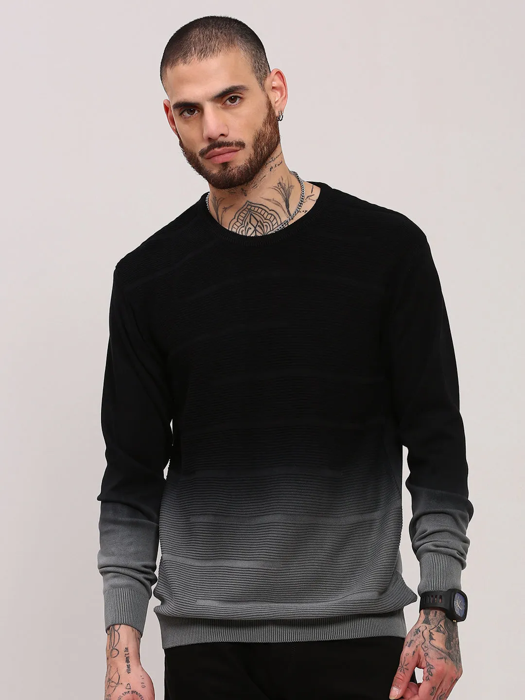 Lounge Outfit Travel Warmth Men's Grey Colourblocked Neck Pullover