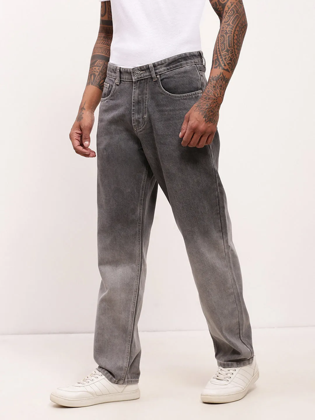 Men's Grey Comfort Straight Fit Low-Rise Light Fade Acid Wash Jeans Go-To Garment Relaxed Style Bold