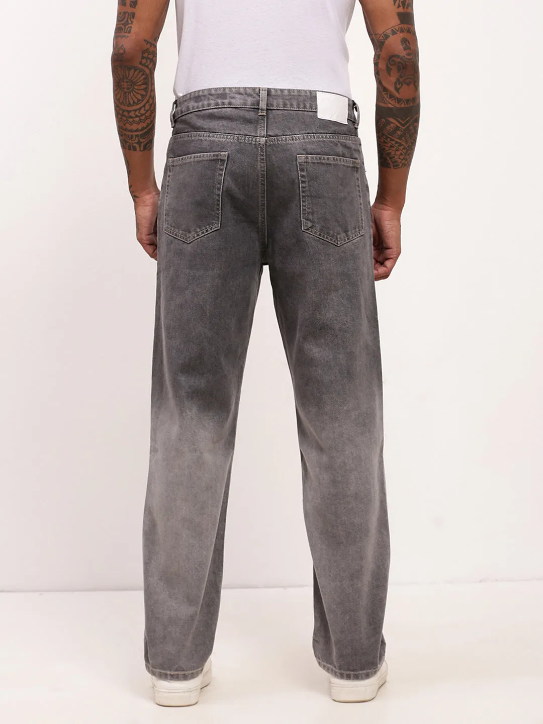 Loose Smooth Shopping Day Men's Grey Comfort Straight Fit Low-Rise Light Fade Acid Wash Jeans