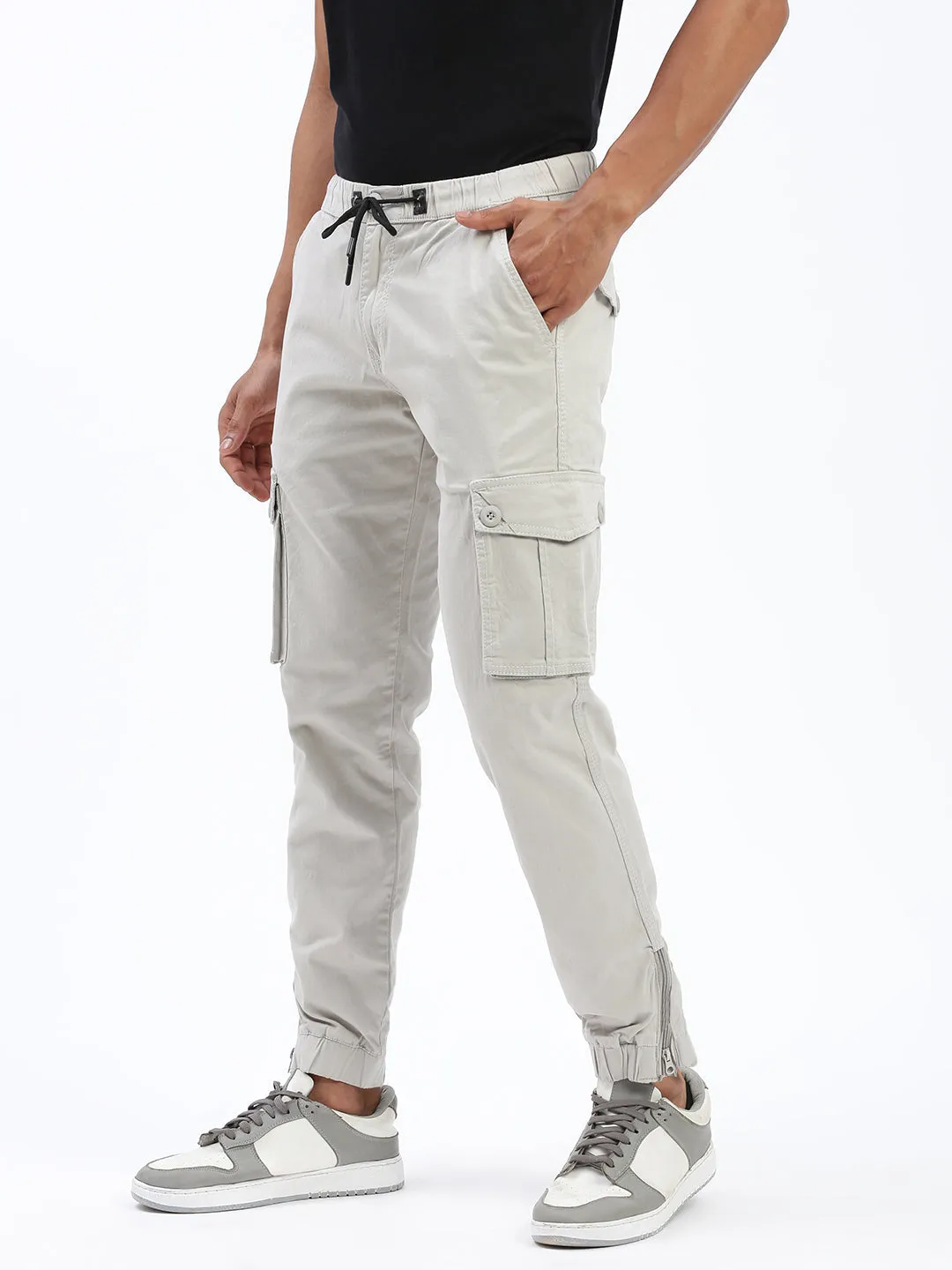 Men's Grey Cotton Comfort Slim Fit Low-Rise Joggers Trousers Tear Resistant