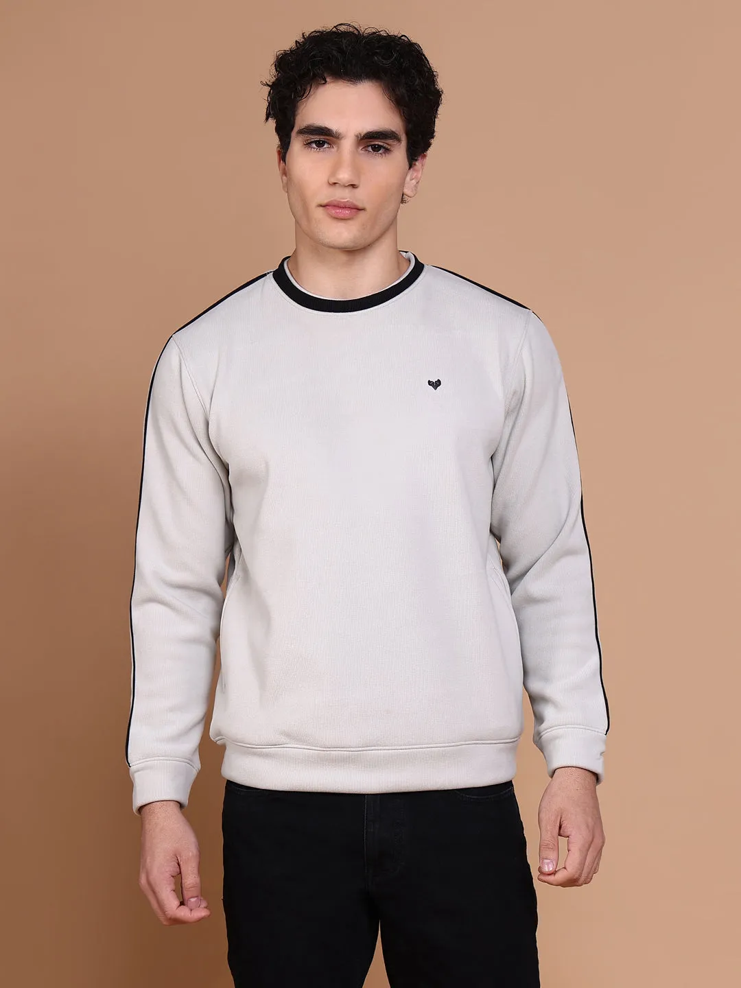 Men's Grey Cotton Round Neck Long Sleeves Sweatshirt Cotton Blend Sporty Style