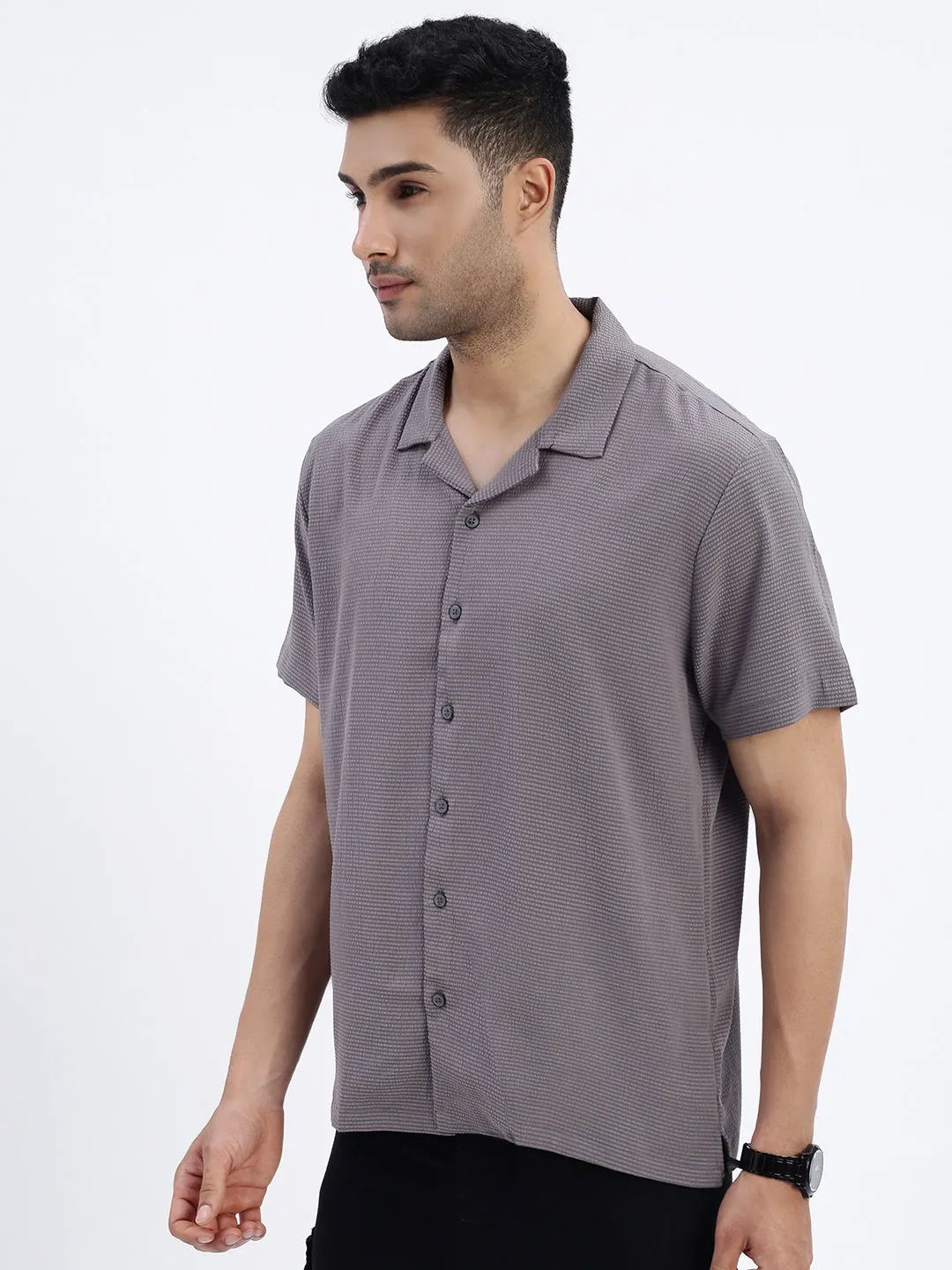 Men's Grey Cuban Collar Relaxed Fit Casual Shirt Play Mode