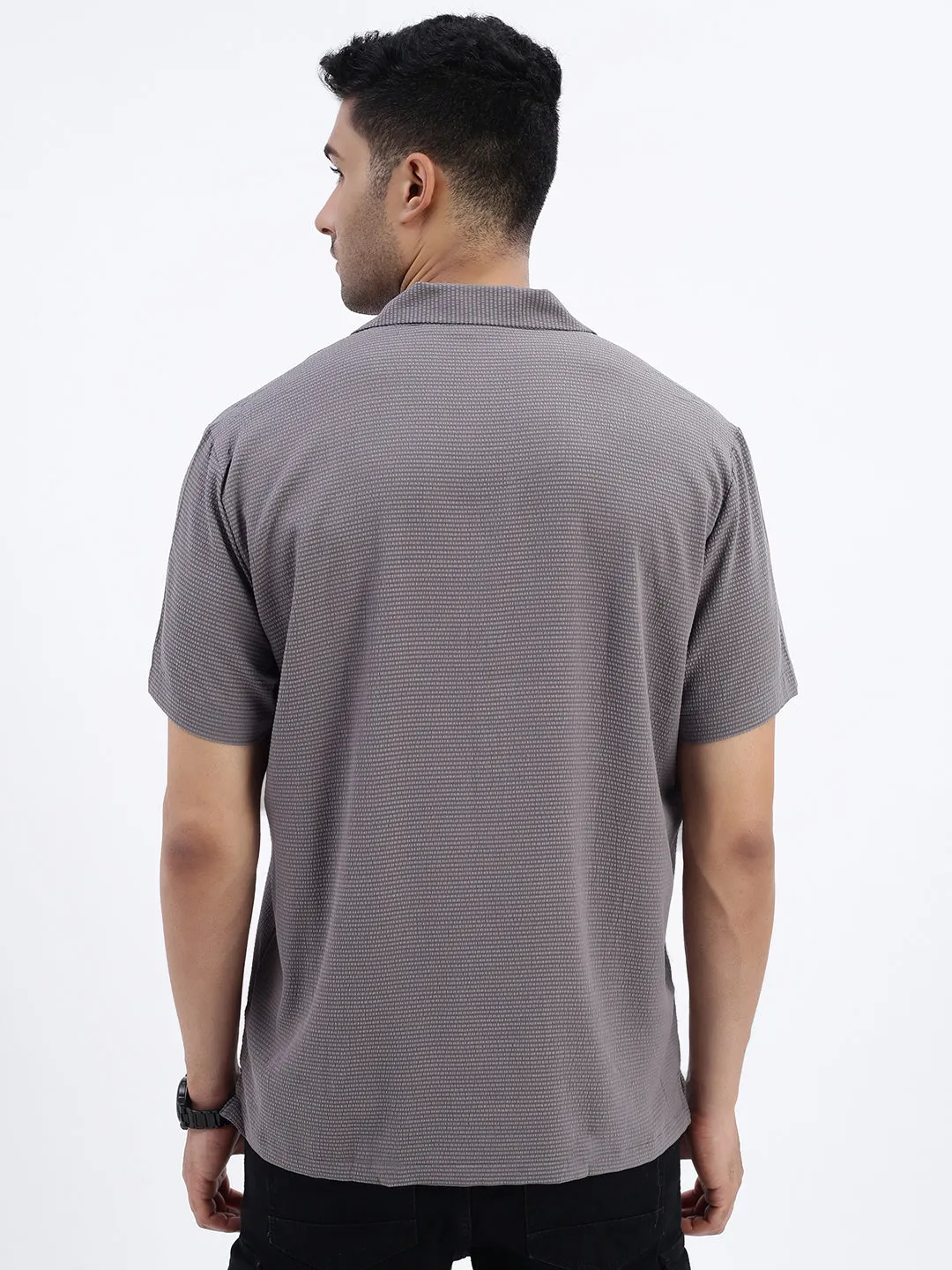 Men's Grey Cuban Collar Relaxed Fit Casual Shirt Comfort waistband