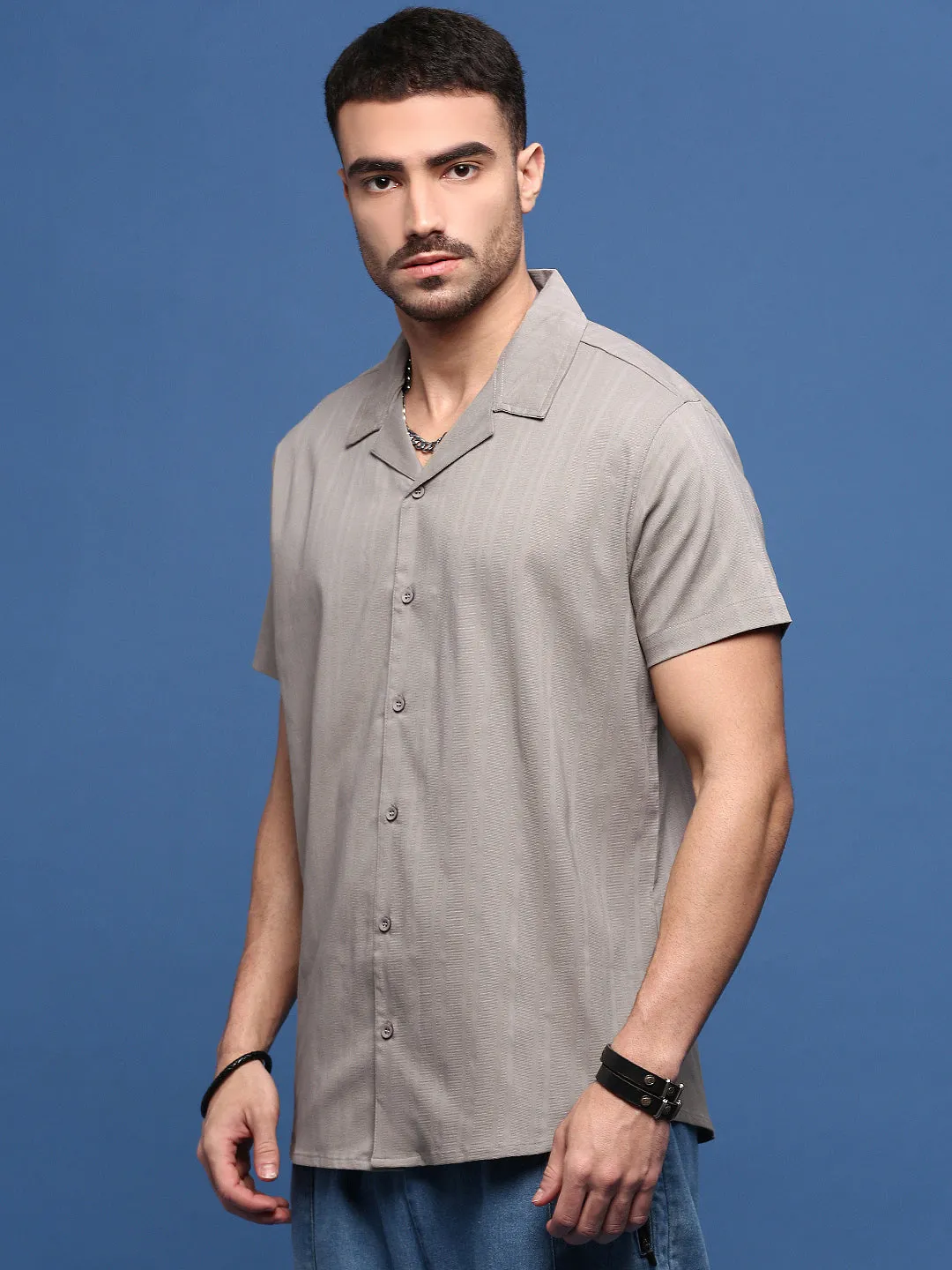 Comfort Fit Breezy Comfort Men's Grey Cuban Collar Solid Shirt