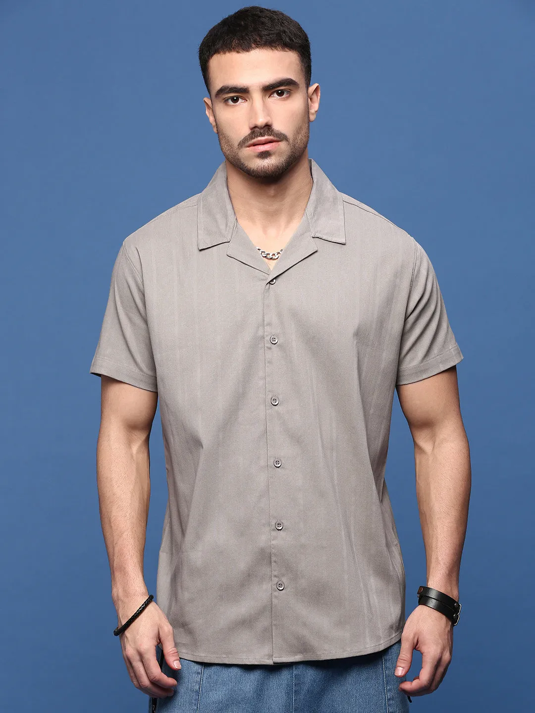 Men's Grey Cuban Collar Solid Shirt Relaxed Style