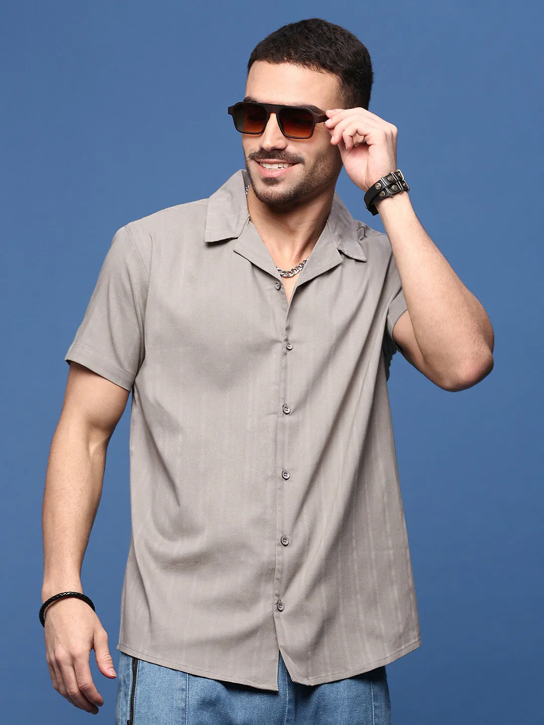 Outdoor Activity Cultural Fit Men's Grey Cuban Collar Solid Shirt