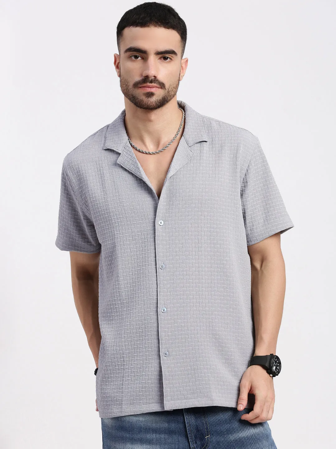 Meeting Ready Men's Grey Cuban Collar Solid Shirt