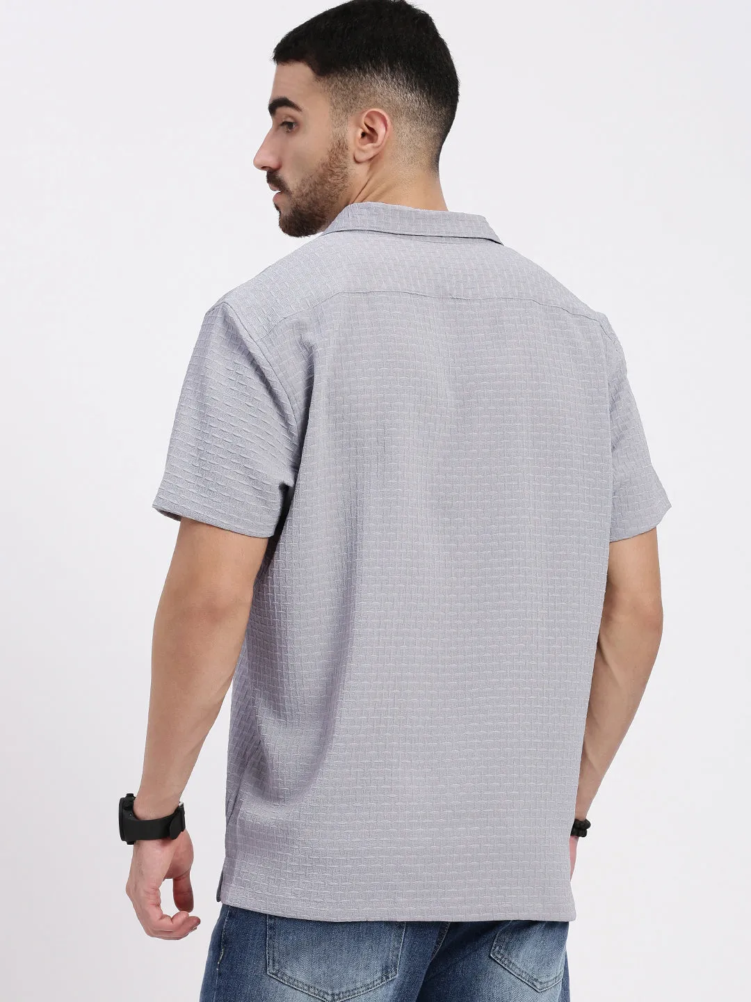 Formal Shirt Men's Grey Cuban Collar Solid Shirt