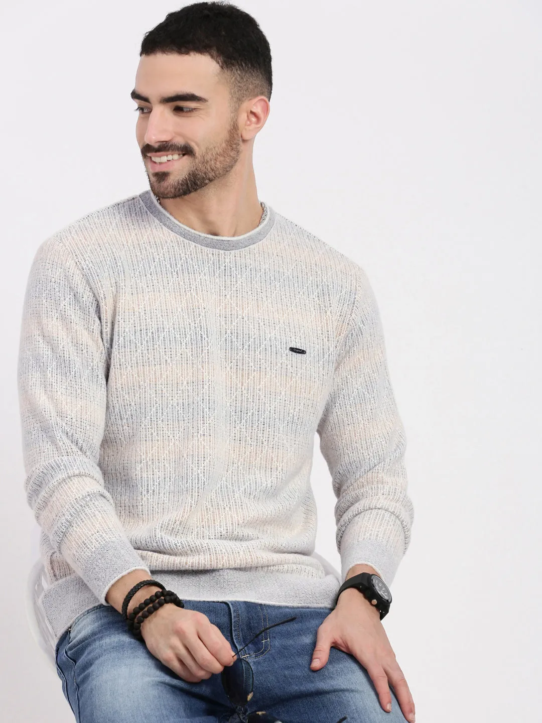 Men's Grey Geometric Sweater High Elasticity