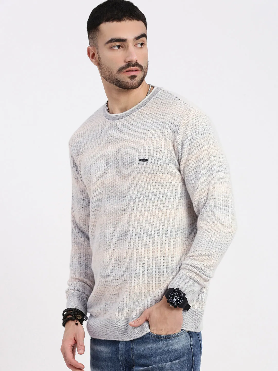 Men's Grey Geometric Sweater Relaxed Warmth Daily Layered