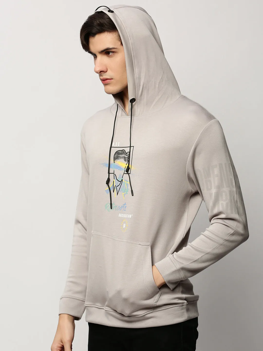 Cold Weather Protection Men's Grey Graphic Printed Hooded Cotton Pullover