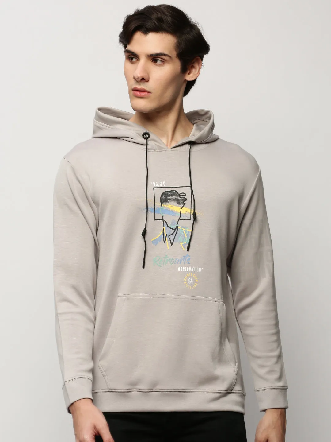 Seasonal Trend right for travel Men's Grey Graphic Printed Hooded Cotton Pullover