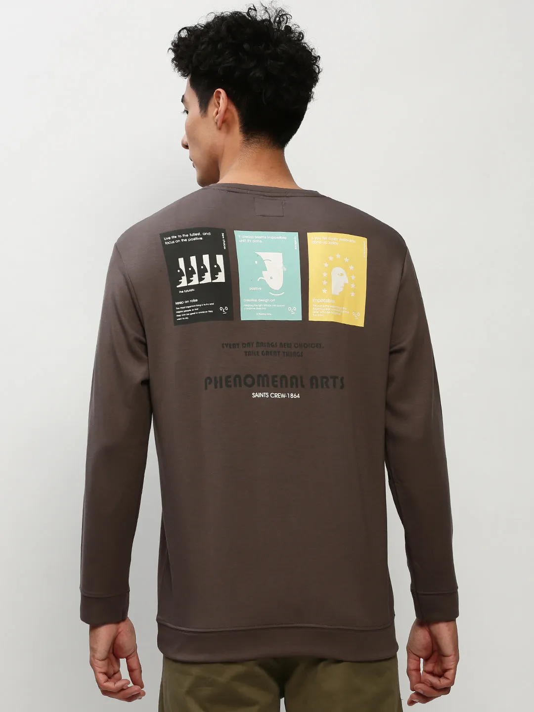 Men's Grey Graphic Printed Long Sleeves Cotton Terry Pullover Sweatshirt Ribbed Hem