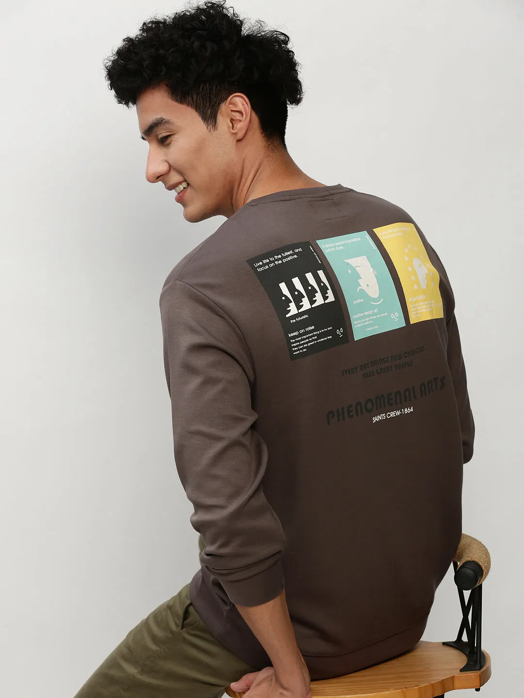 product exchange policy Comfortable Layers Men's Grey Graphic Printed Long Sleeves Cotton Terry Pullover Sweatshirt