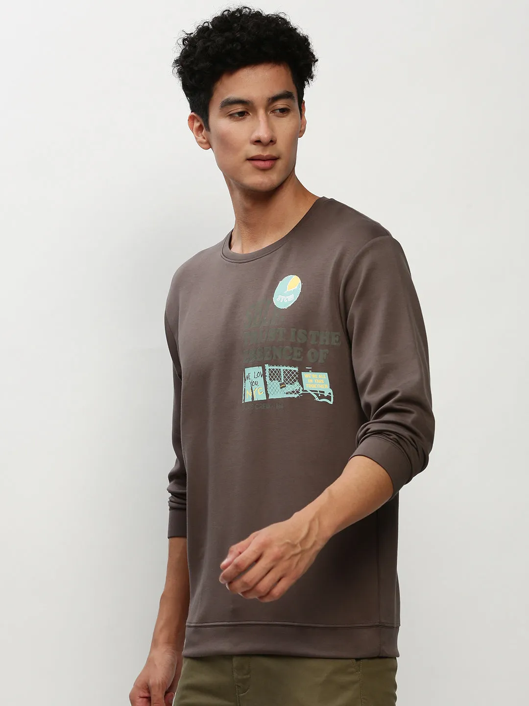 Men's Grey Graphic Printed Long Sleeves Cotton Terry Pullover Sweatshirt Urban Fit