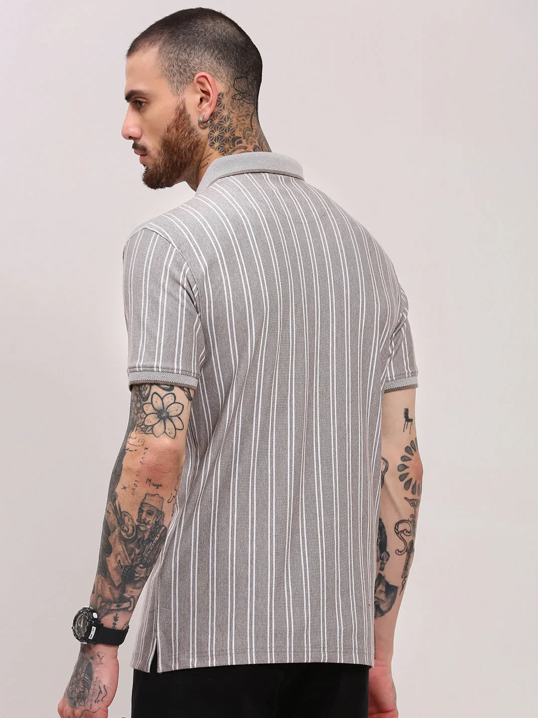 Men's Grey Polo Collar Striped T-Shirt Future Edge