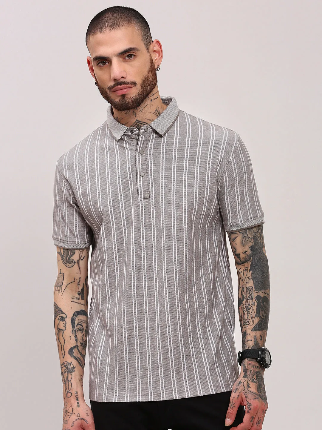 StaticFree Lining Men's Grey Polo Collar Striped T-Shirt