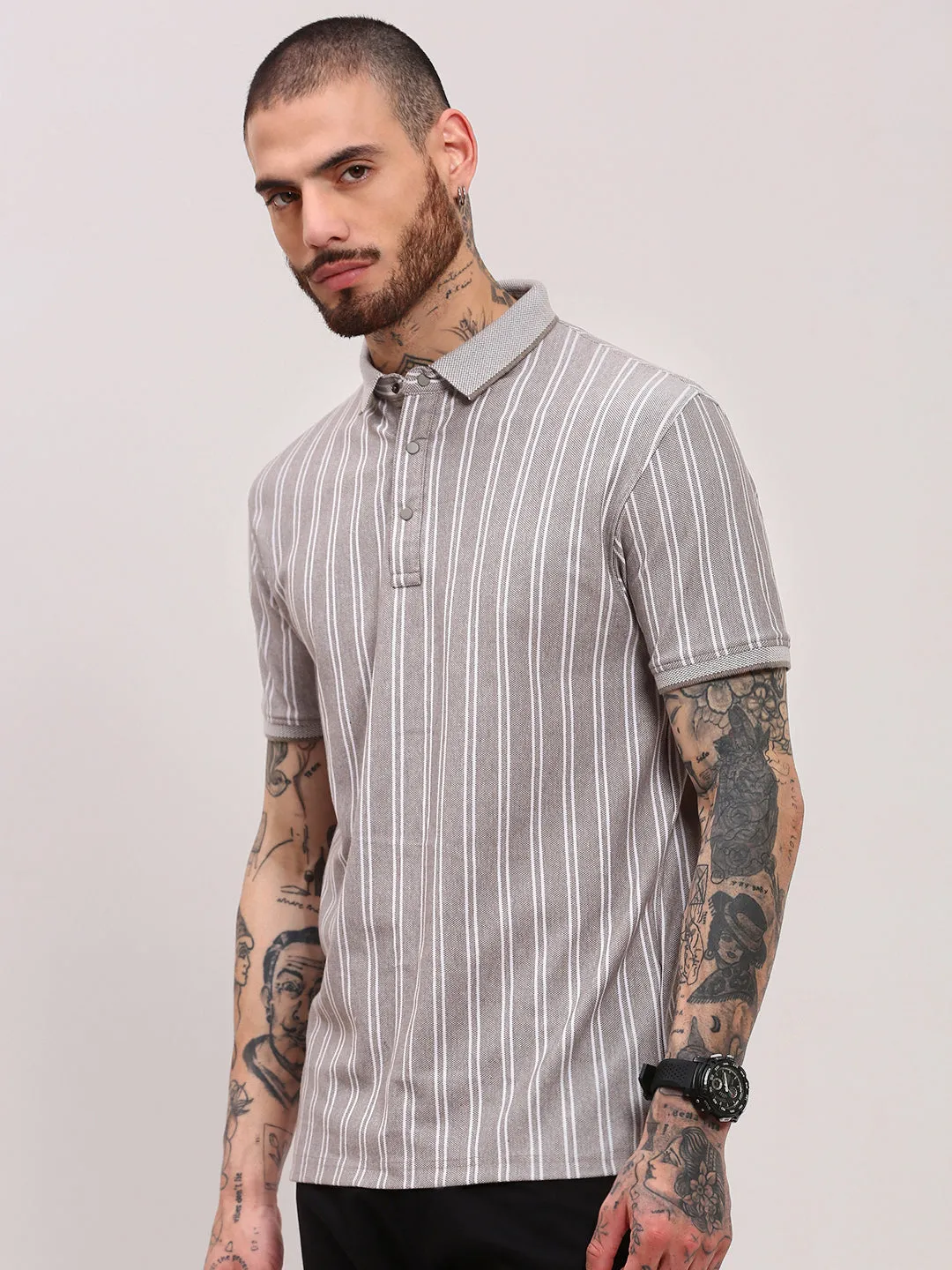 Flexible Outerwear Men's Grey Polo Collar Striped T-Shirt