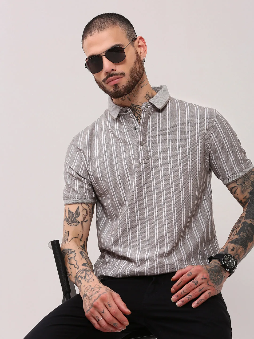 Summer Outerwear Breathable knit Men's Grey Polo Collar Striped T-Shirt